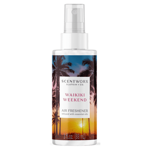 ScentWorx Waikiki Weekend air freshener spray bottle with palm-tree sunset label and spray nozzle