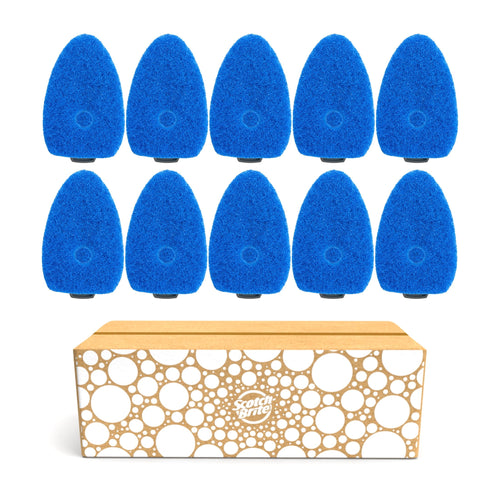 Ten blue Scotch-Brite non-scratch sponge heads arranged above a patterned cardboard box on white.