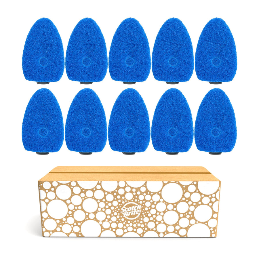 Ten blue Scotch-Brite non-scratch sponge heads arranged above a patterned cardboard box on white.
