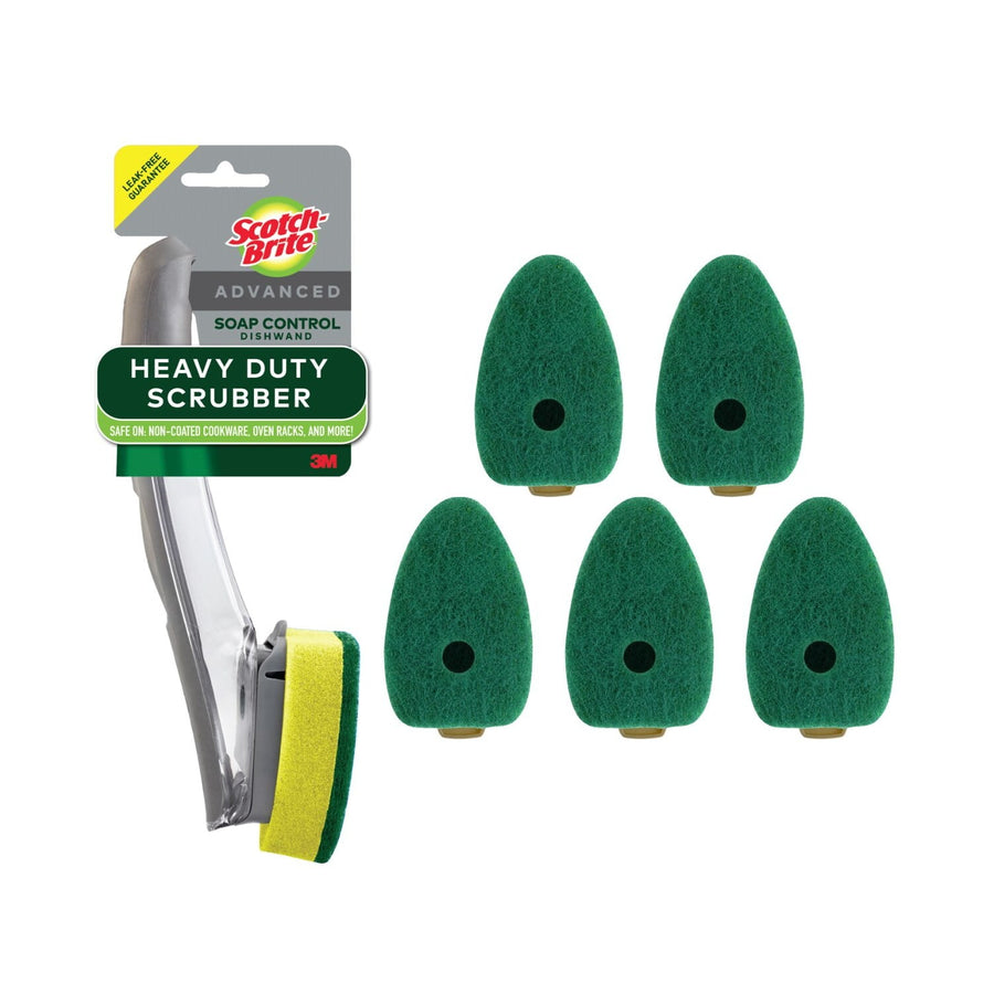 Packaged Scotch-Brite dishwand and five green heavy-duty refill sponge heads shown on white background