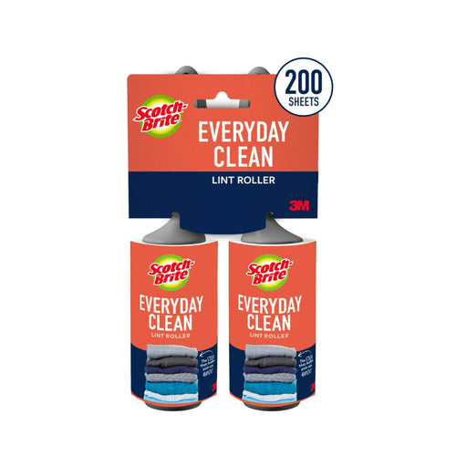 Packaged twin refill set of Scotch-Brite Everyday Clean lint rollers with 200 sheets callout