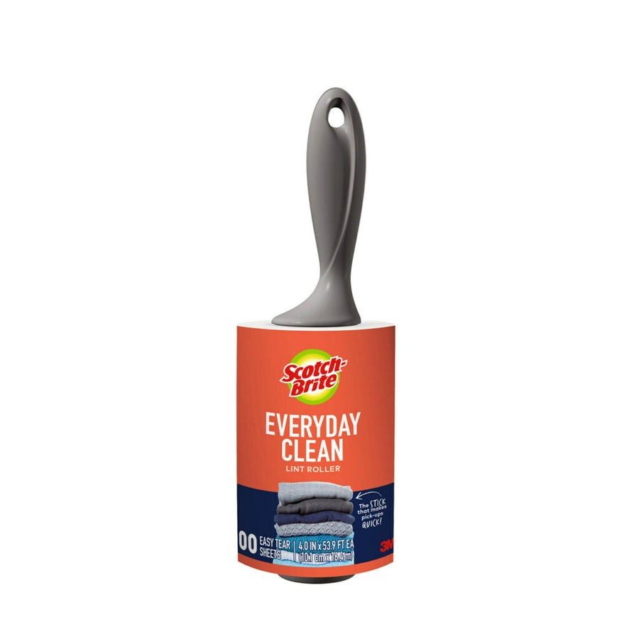 Scotch-Brite Everyday Clean lint roller with gray handle and orange product label on a white background.