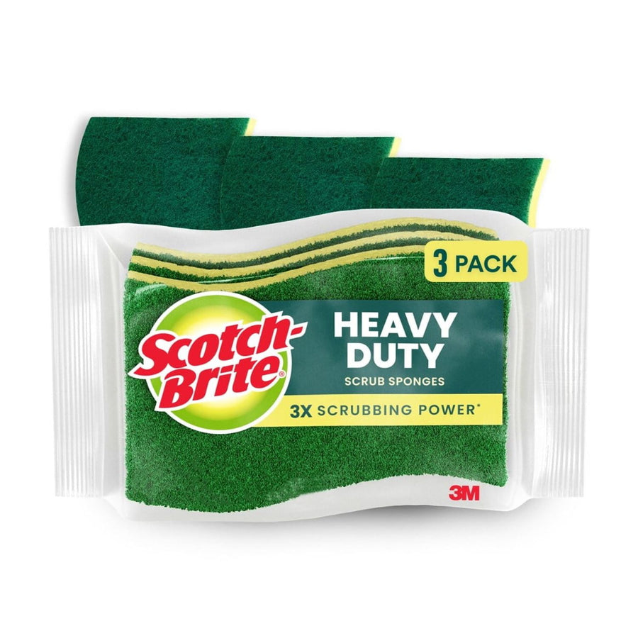 Packaged Scotch-Brite Heavy Duty scrub sponges with green scrub side visible and 3-pack label on white background.