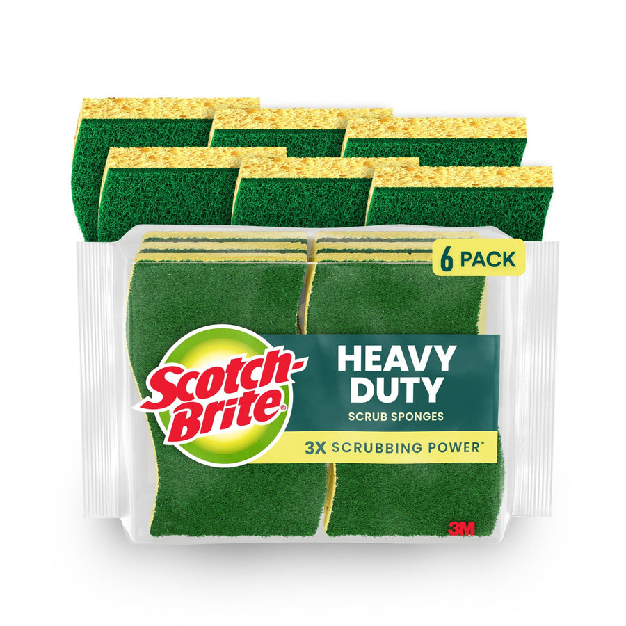 Packaged Scotch-Brite Heavy Duty scrub sponges with green scrubber layer and yellow sponge, 6-pack packaging