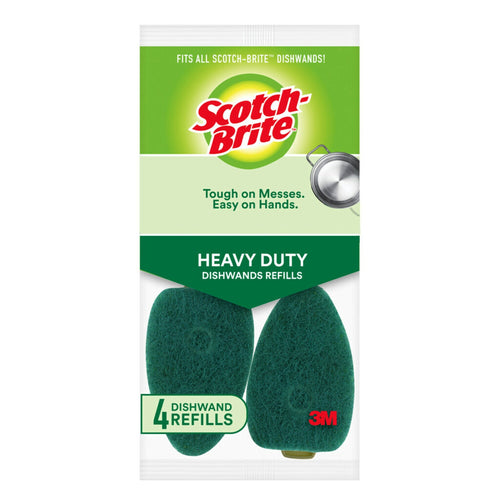 Packaged Scotch-Brite heavy duty dishwand refill heads showing two green scouring refills and brand logo on white-green card