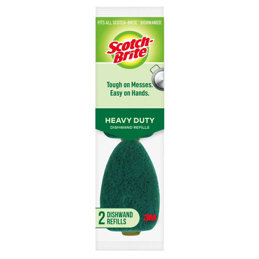 Packaged Scotch-Brite heavy duty dishwand refill heads with visible green scrubber and brand logo on top