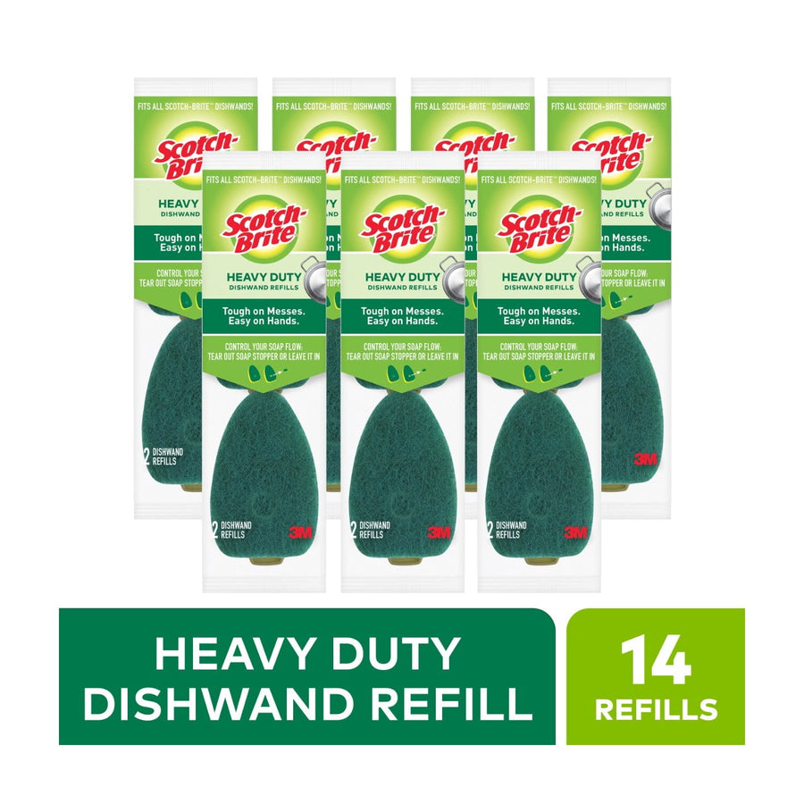 Front-facing value-pack packaging showing multiple Scotch-Brite heavy duty dishwand refill pouches with green scrub pads visible.