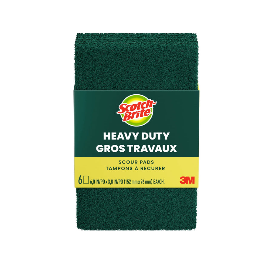 Packaged Scotch-Brite Heavy Duty green scour pads with product banding showing logo and 3M mark