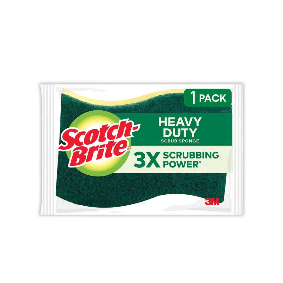 Packaged Scotch-Brite Heavy Duty scrub sponge with green scrub pad and yellow sponge visible through clear wrapper.