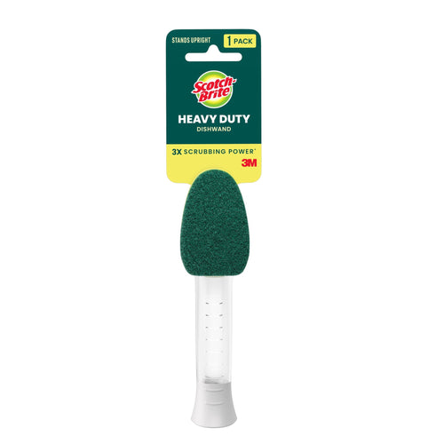 Scotch-Brite heavy duty soap-dispensing dishwand with green scrub head and clear handle on packaging