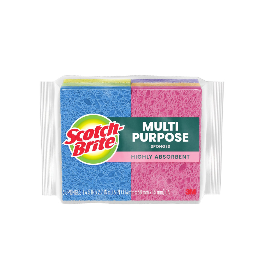 Packaged Scotch-Brite multi-purpose sponges showing blue and pink textured sponge faces and branded front label