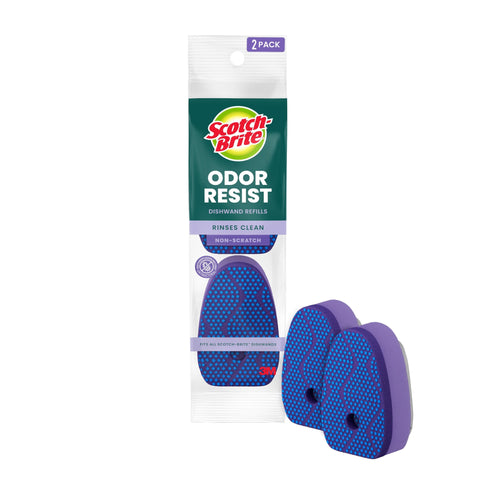 Scotch-Brite Odor Resist dishwand refill pack with two purple-blue non-scratch scrub pads shown with one pack and two loose pads