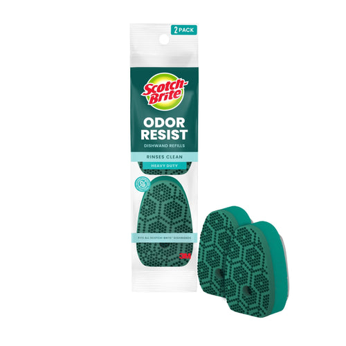 Packaged Scotch-Brite Odor Resist dishwand refill with two green heavy-duty scrub heads shown alongside loose refill heads