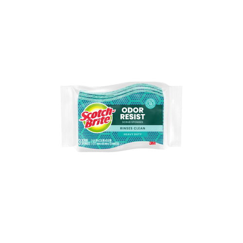 Packaged Scotch-Brite odor resist heavy-duty scrub sponges in clear plastic with green label and logo