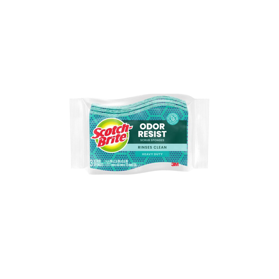 Packaged Scotch-Brite odor resist heavy-duty scrub sponges in clear plastic with green label and logo