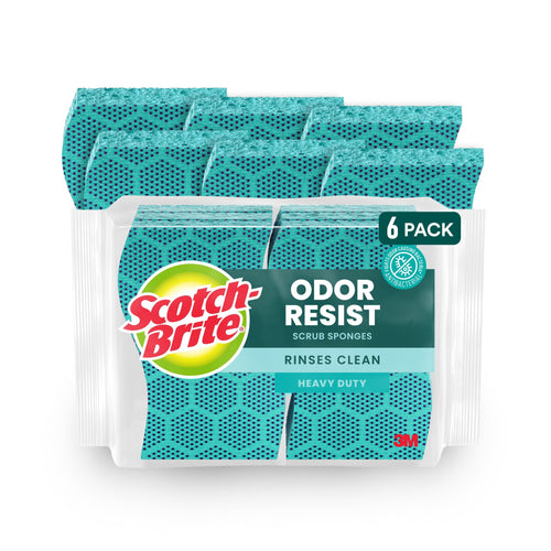 Clear pack of six teal Scotch-Brite Odor Resist heavy-duty scrub sponges with hexagon pattern visible