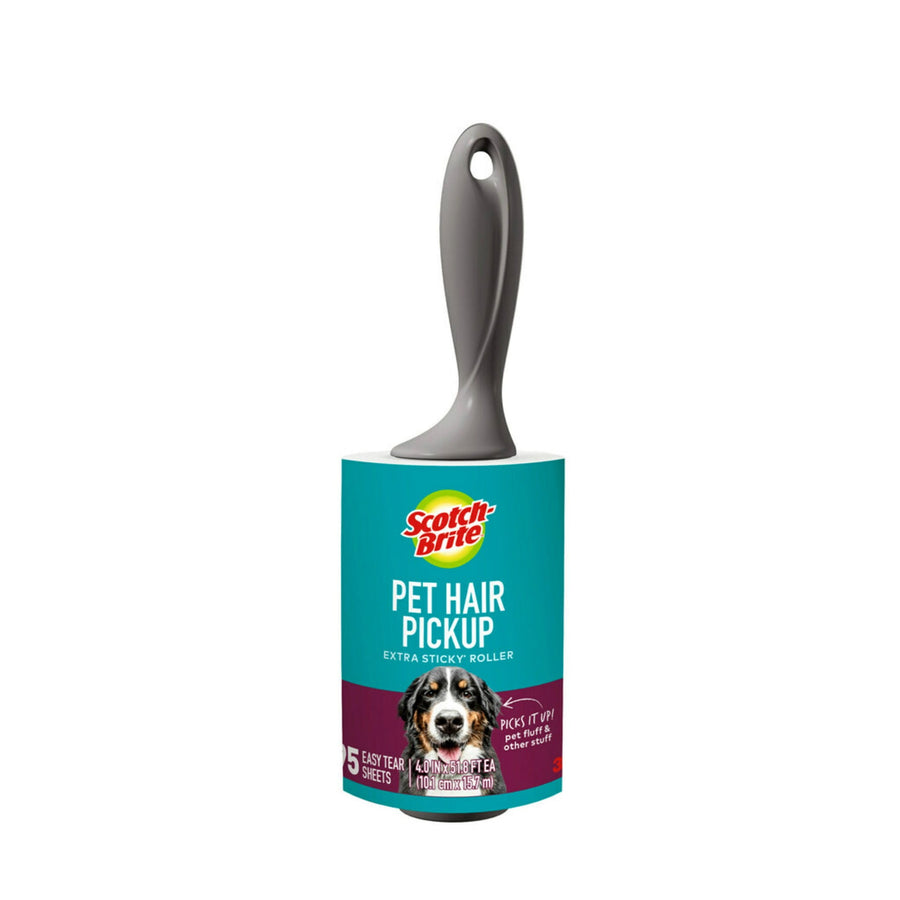 Scotch-Brite Pet Hair Pickup lint roller with teal and purple branded label and gray ergonomic handle on white background.