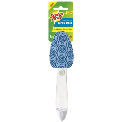 Scotch-Brite Scrub Dots dishwand with blue dotted scrub head and clear liquid reservoir handle on branded hanging card.