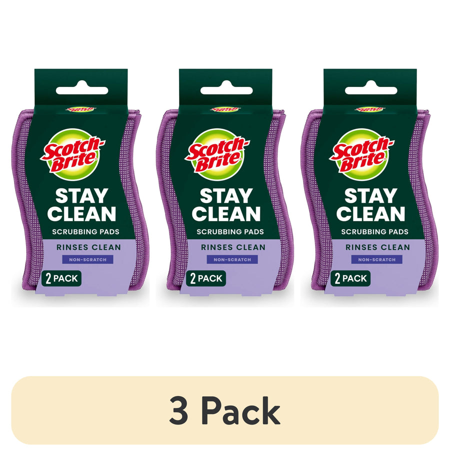 Three packaged Scotch-Brite Stay Clean scrubbing pad 2-pack units shown side-by-side with a '3 Pack' label beneath.