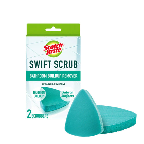 Scotch-Brite Swift Scrub packaging with two teal triangular scrubbers shown on white background
