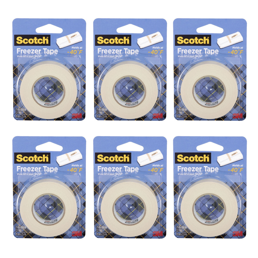 Six individual Scotch Freezer Tape blister-packaged rolls arranged in two rows on white background.