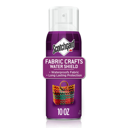 Single purple can of Scotchgard Fabric Crafts Water Shield with clear cap and label showing a colorful woven bag.