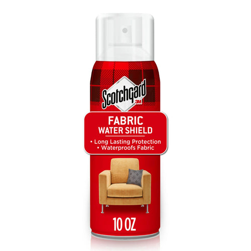 Red Scotchgard fabric water shield aerosol can with plaid branding and an armchair image on the label