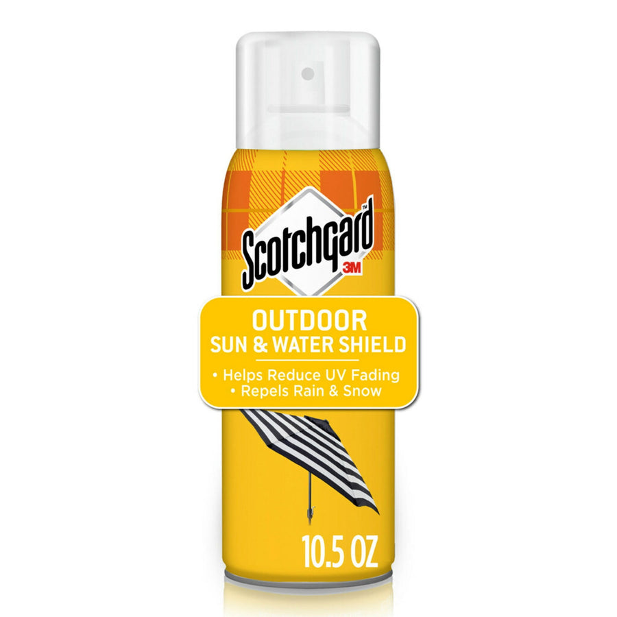 Yellow Scotchgard spray can labeled Outdoor Sun & Water Shield with umbrella graphic and 10.5 oz text