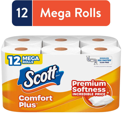 Packaged Scott ComfortPlus toilet paper showing 12 mega rolls and brand logo