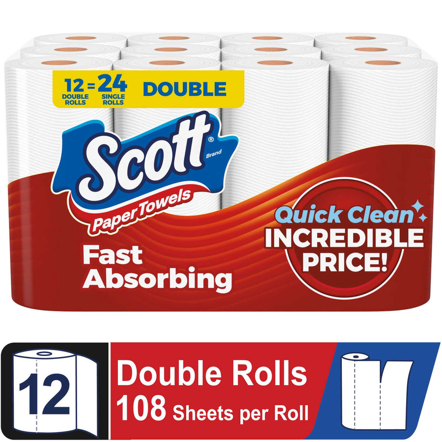 Packaged Scott paper towels multipack with blue Scott logo and red fast absorbing label on white rolls