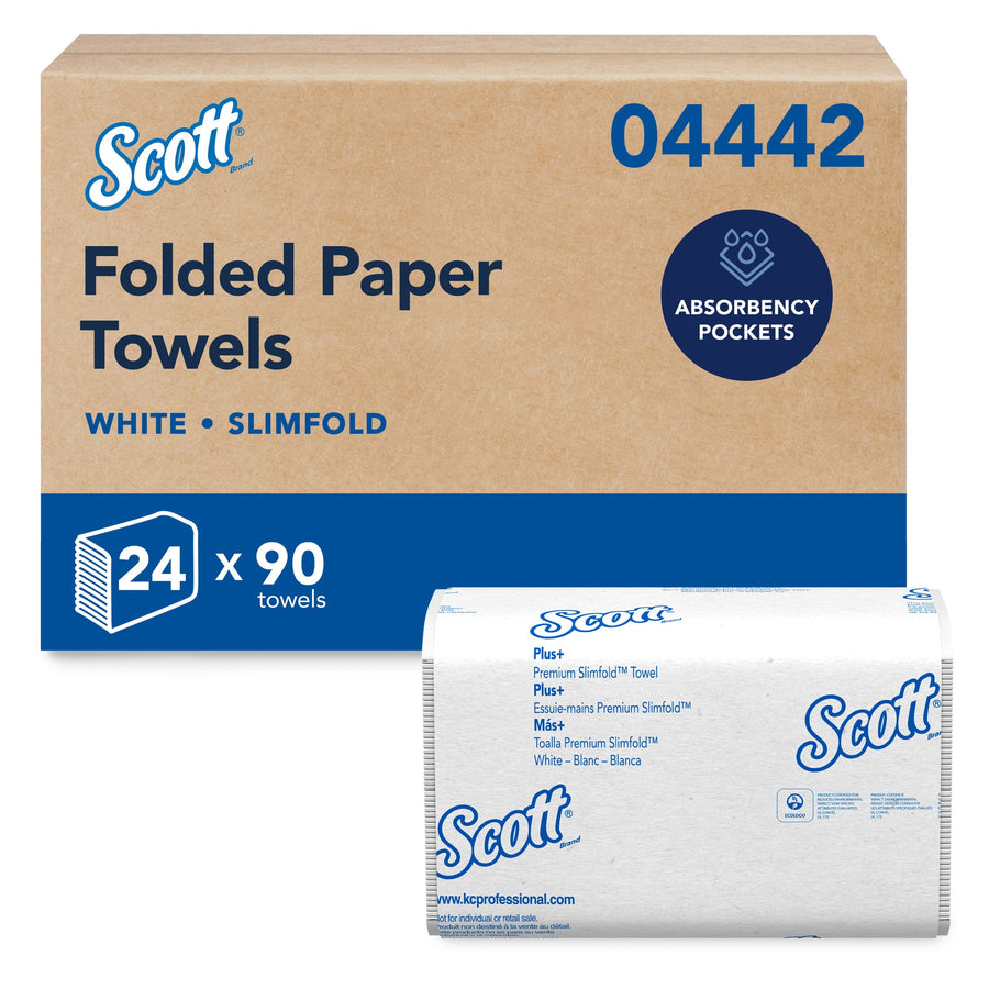 Cardboard case labeled Scott folded paper towels with a wrapped pack of Scott-branded Slimfold towels in front