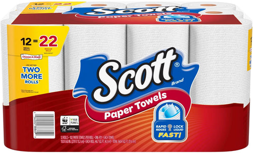Pack of Scott paper towels in red packaging showing large Scott logo and 12=22 callout