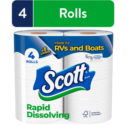Packaged Scott Rapid Dissolving toilet paper four-roll pack with Scott logo and ‘Made for RVs and Boats’ label