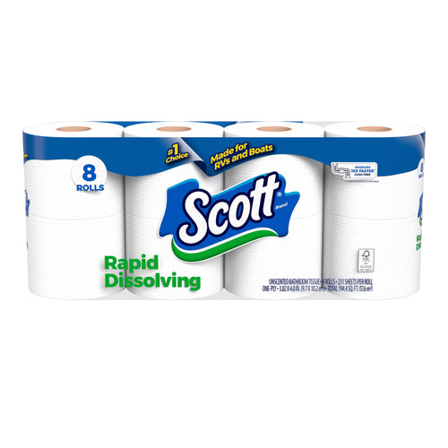 Packaged Scott Rapid Dissolving toilet paper showing eight white rolls with blue Scott logo and green text