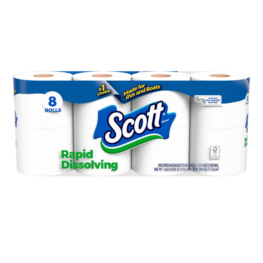 Packaged Scott Rapid Dissolving toilet paper showing eight white rolls with blue Scott logo and green text