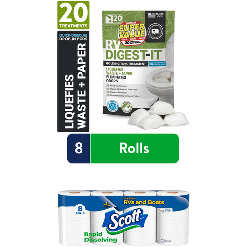 Composite product image showing Scott rapid-dissolving 8-roll pack below and RV Digest-It drop-in pods with pouch above