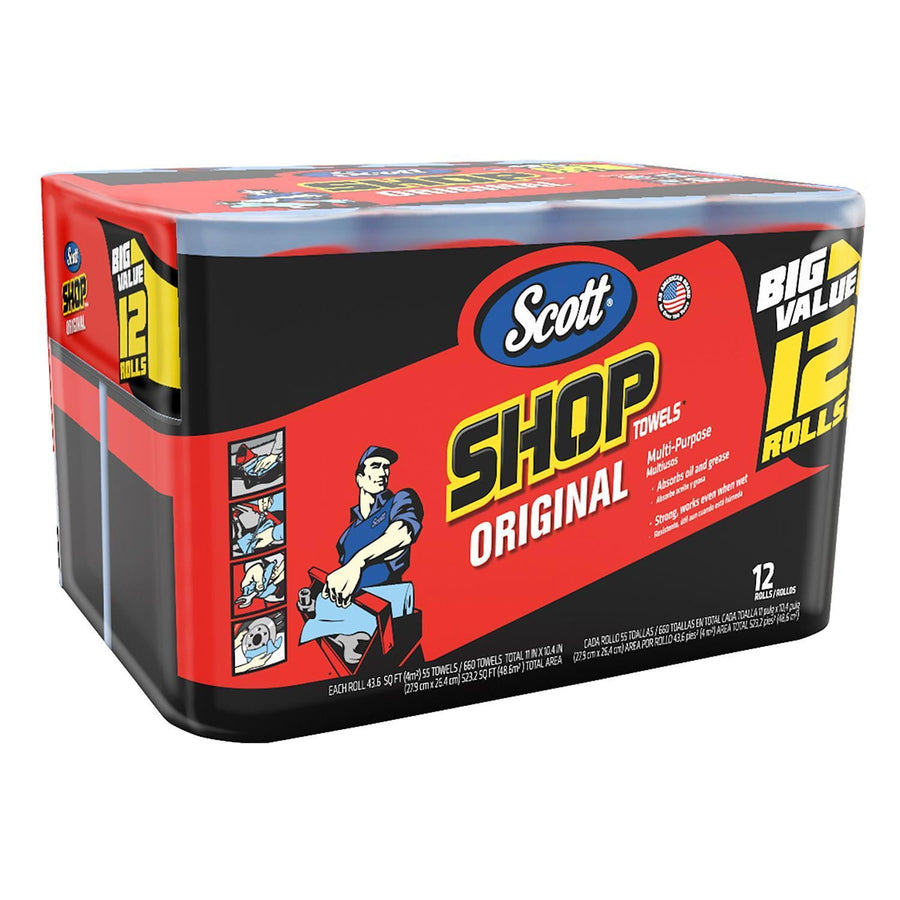 Packaged Scott Shop Original towels multipack with red and black graphics and '12 rolls' label