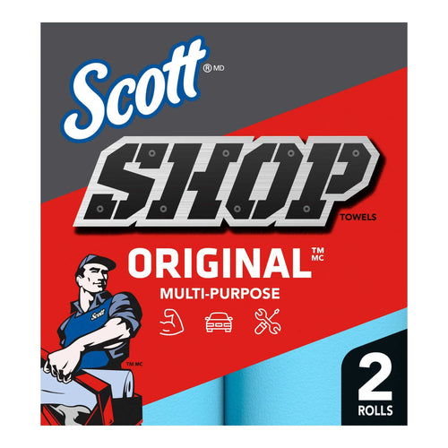 Close-up of Scott Shop Original multi-purpose towel packaging with bold logo and red-gray design