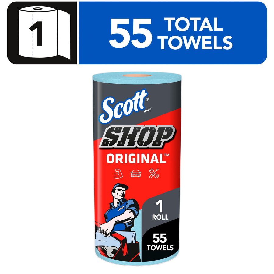 Single Scott Shop Towels Original blue roll with red and black packaging and '55 towels' banner.