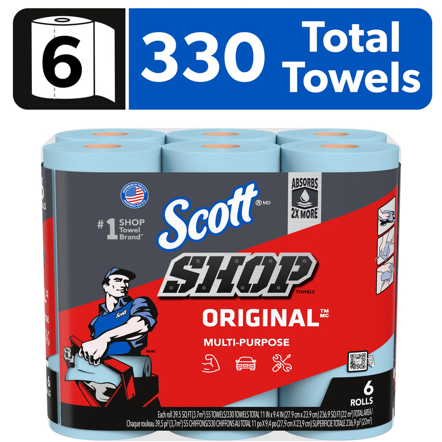 Pack of Scott Shop Towels original multi-purpose rolls with blue towels visible and bold red packaging