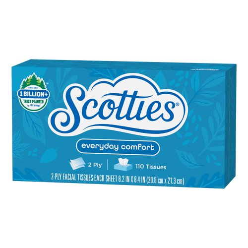 Scotties everyday comfort rectangular blue tissue box with brand script, leaf pattern and '110 tissues' label