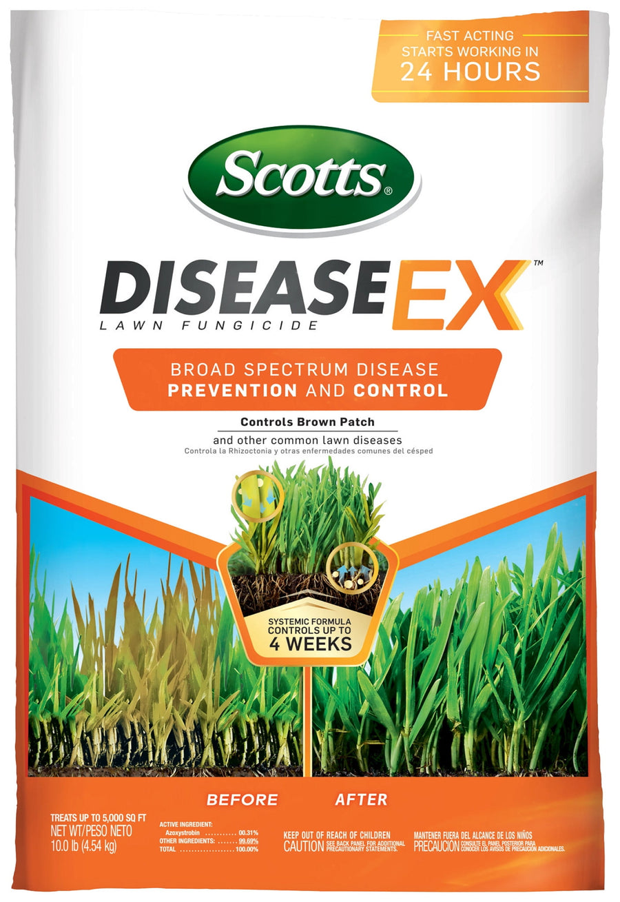 Front-facing Scotts DiseaseEx lawn fungicide bag showing before-and-after grass graphic and product branding
