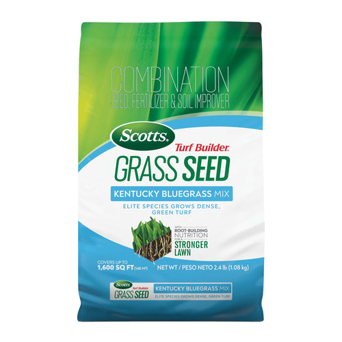 Front-facing Scotts Turf Builder Grass Seed bag labeled Kentucky Bluegrass Mix with green and blue packaging.