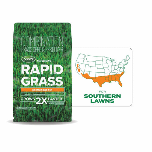 Bag of Scotts Turf Builder Rapid Grass Bermudagrass seed with adjacent US map highlighting southern regions
