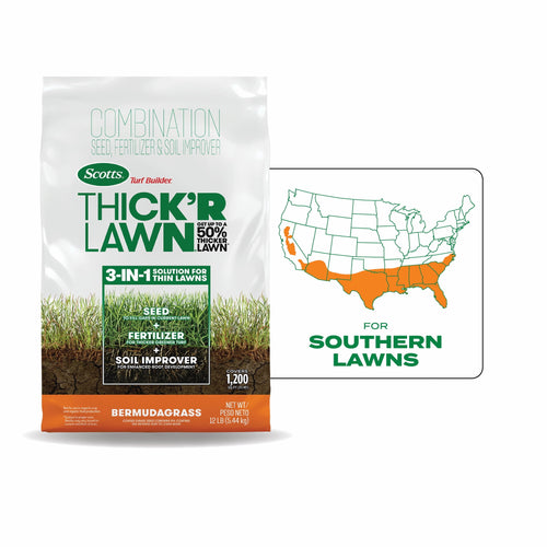 Bag of Scotts Turf Builder Thick'R Lawn Bermudagrass 3-in-1 product packaging with grass graphic and southern map