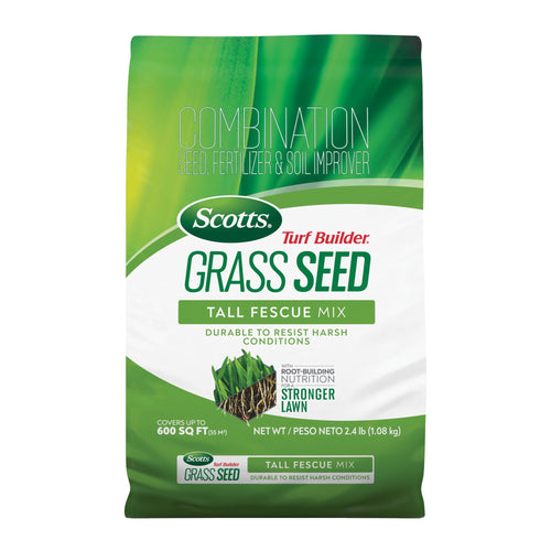Front-facing bag of Scotts Turf Builder Grass Seed Tall Fescue Mix with green and white packaging and product name