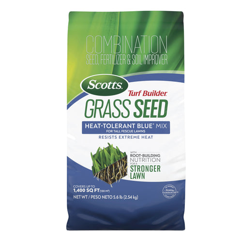 Front of a Scotts Turf Builder grass seed bag labeled Heat‑Tolerant Blue Mix with plant roots graphic