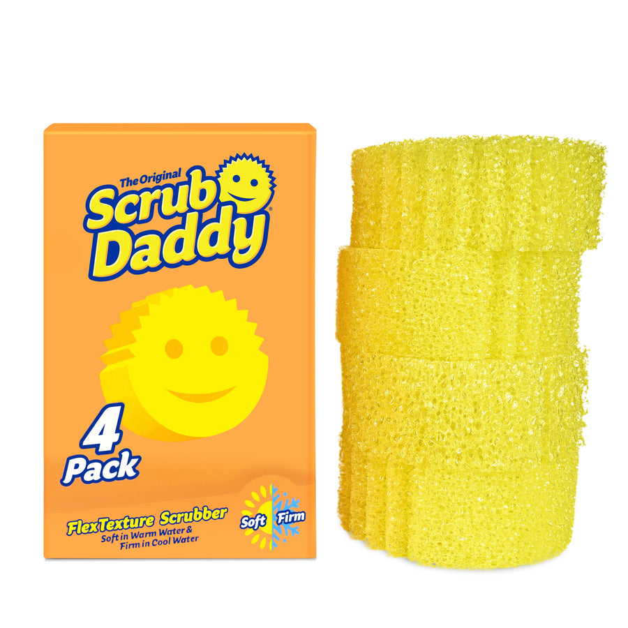 Bright yellow Scrub Daddy sponge stack beside orange product box showing Scrub Daddy logo and 4 pack label.