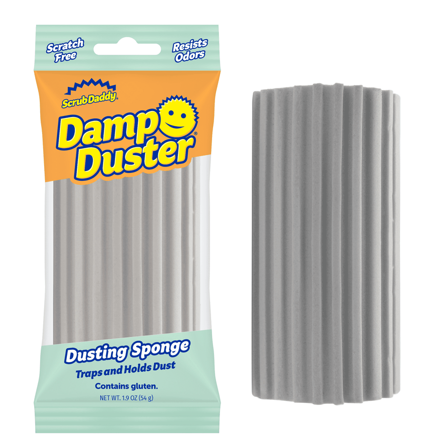 Scrub Daddy Damp Duster in retail packaging next to an unboxed gray ribbed foam duster.