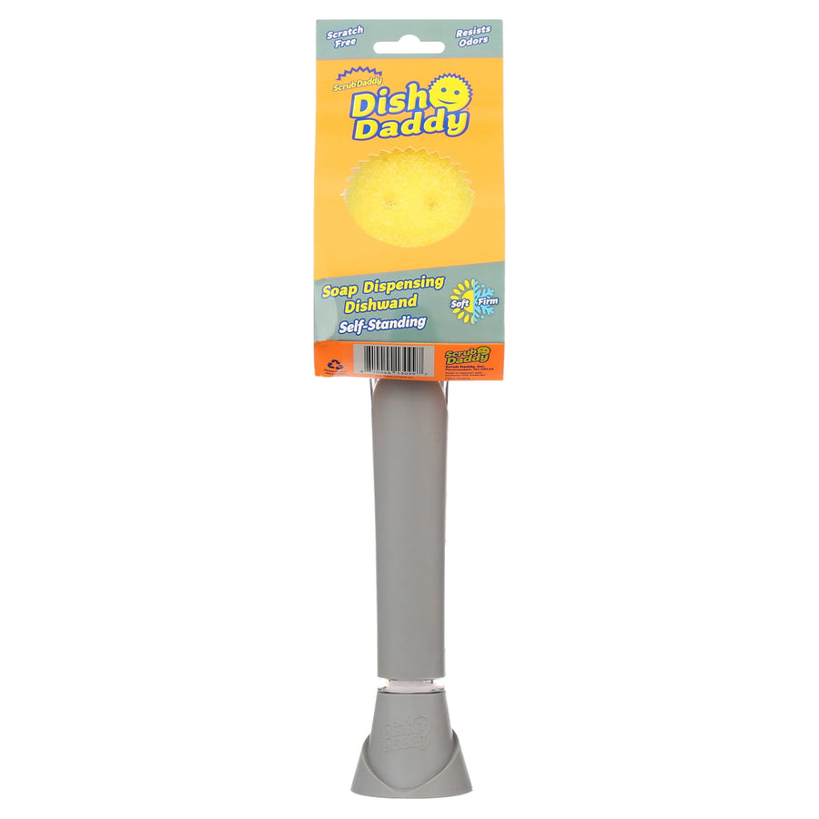 Gray-handled Scrub Daddy Dish Daddy dishwand with packaging label attached, shown upright on a white background.